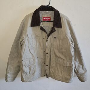 Vintage Wrangler Sherpa Chore Coat Jacket Men's Size Large Tan Canvas Workwear